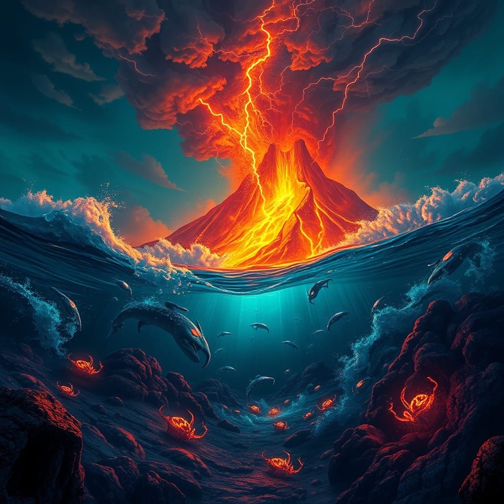Underwater Volcano Eruption with Volcanic Lightning