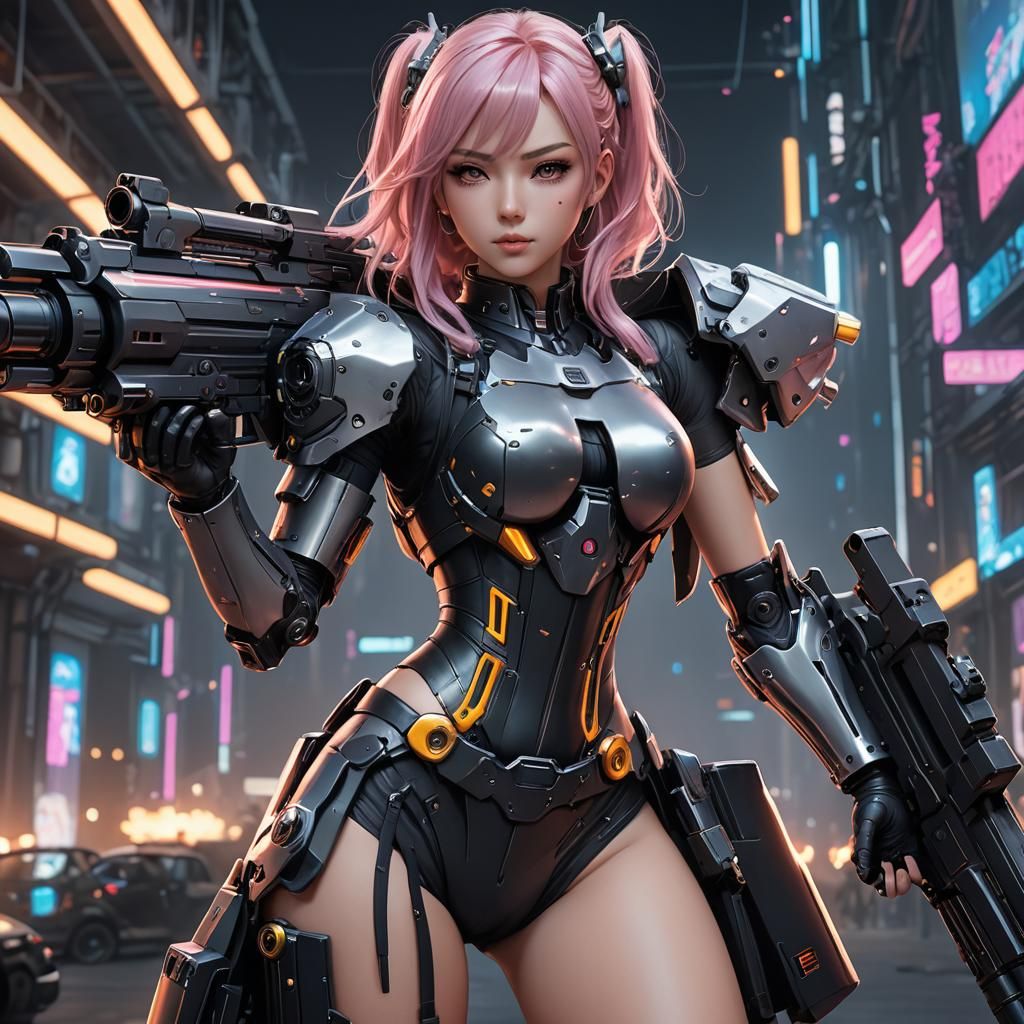 Cyberpunk Waifu Fires Gatling Gun in Anime Style