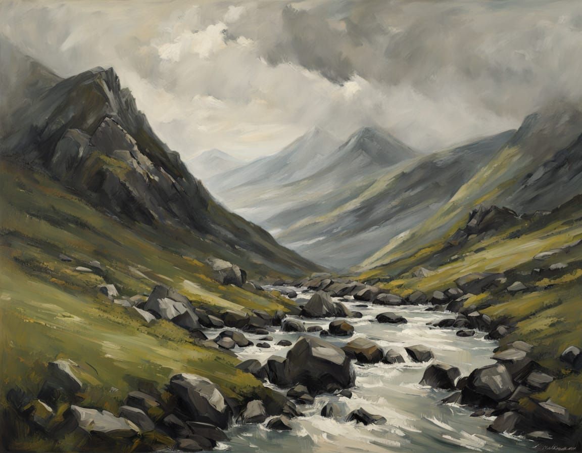 (Thick impasto oil painting:1.8). Typical Welsh mountain lan...