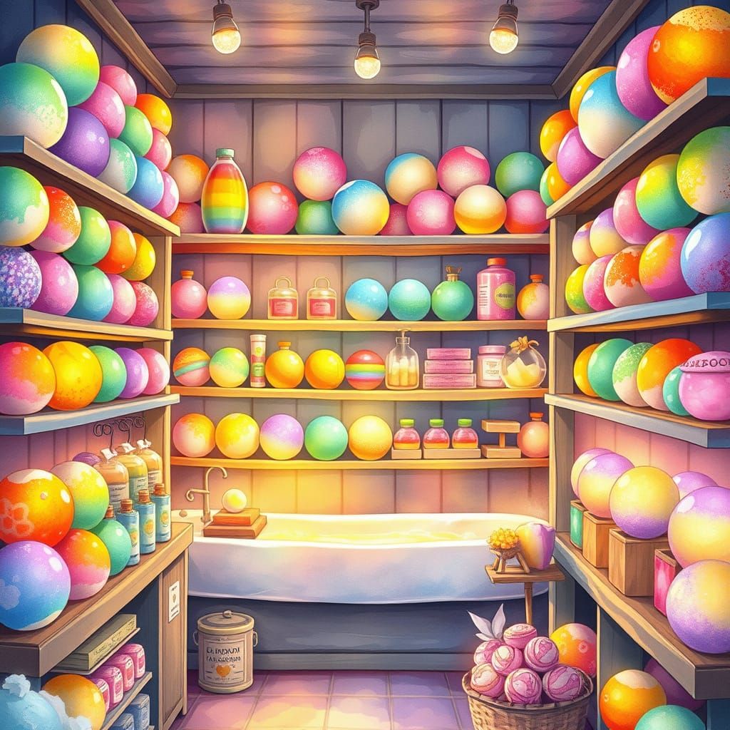 Whimsical Rainbow Bath Bomb Shop in Storybook Style