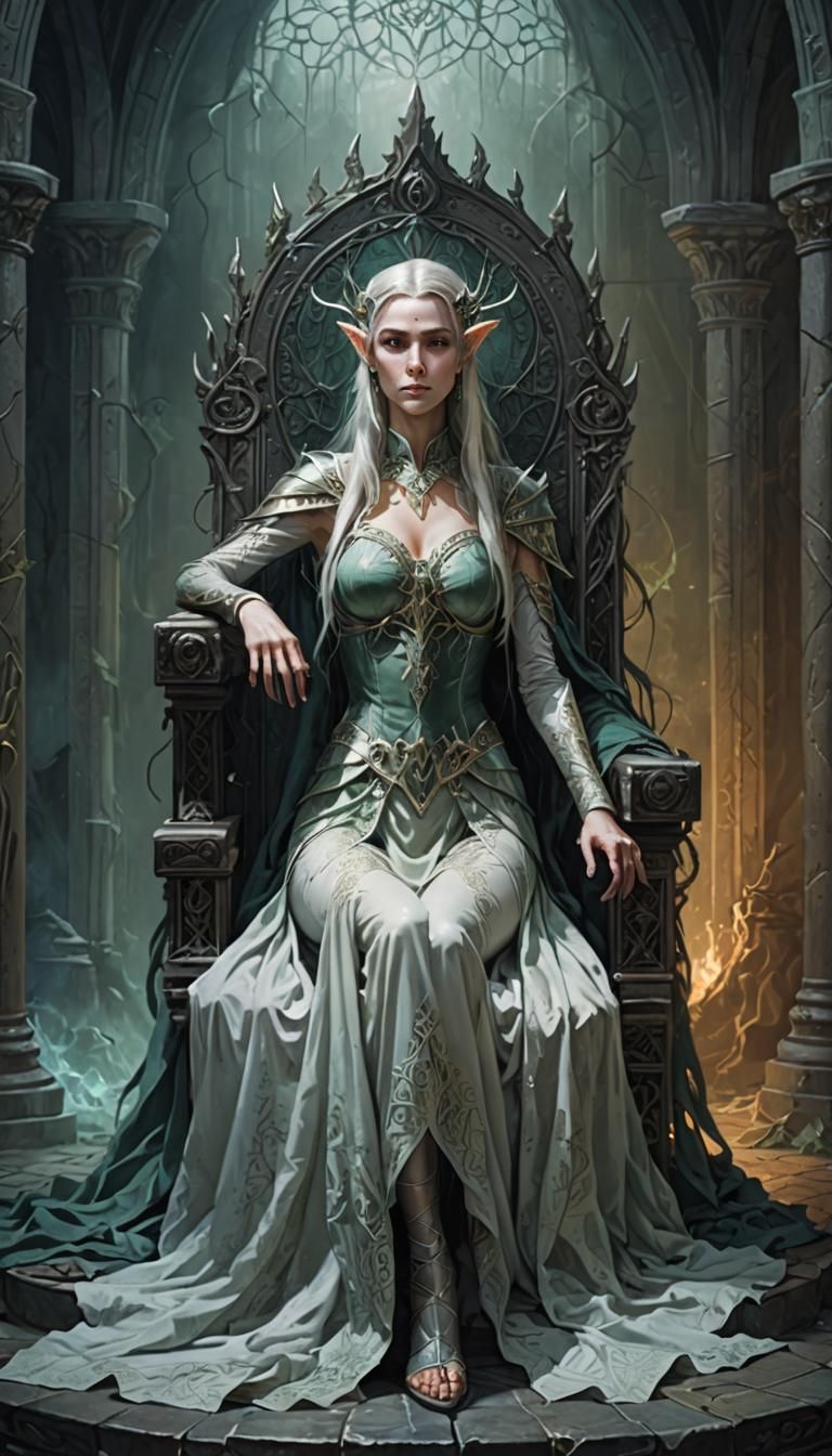 Elven Queen on Throne in Ghostly Hall
