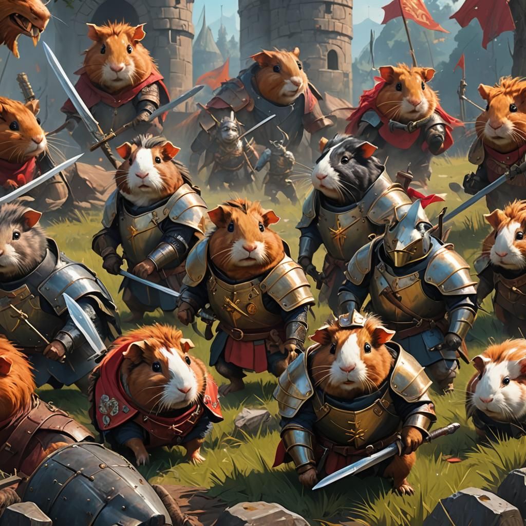 Guinea Pig Knights Battle Dragons: Fantasy Art