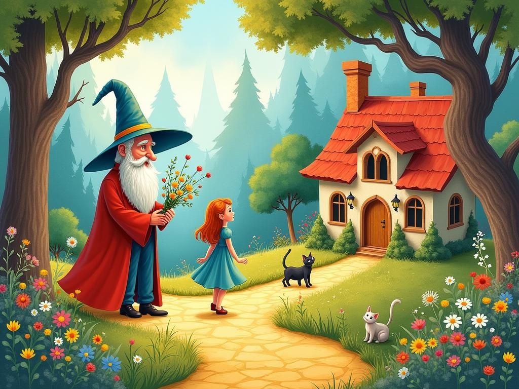 Enchanted Town: Whimsical Illustration of Wizard and Princes...