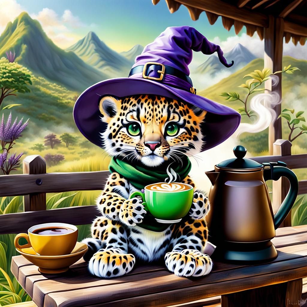 Chibi Leopard Cub Making Coffee, Airbrush Painting