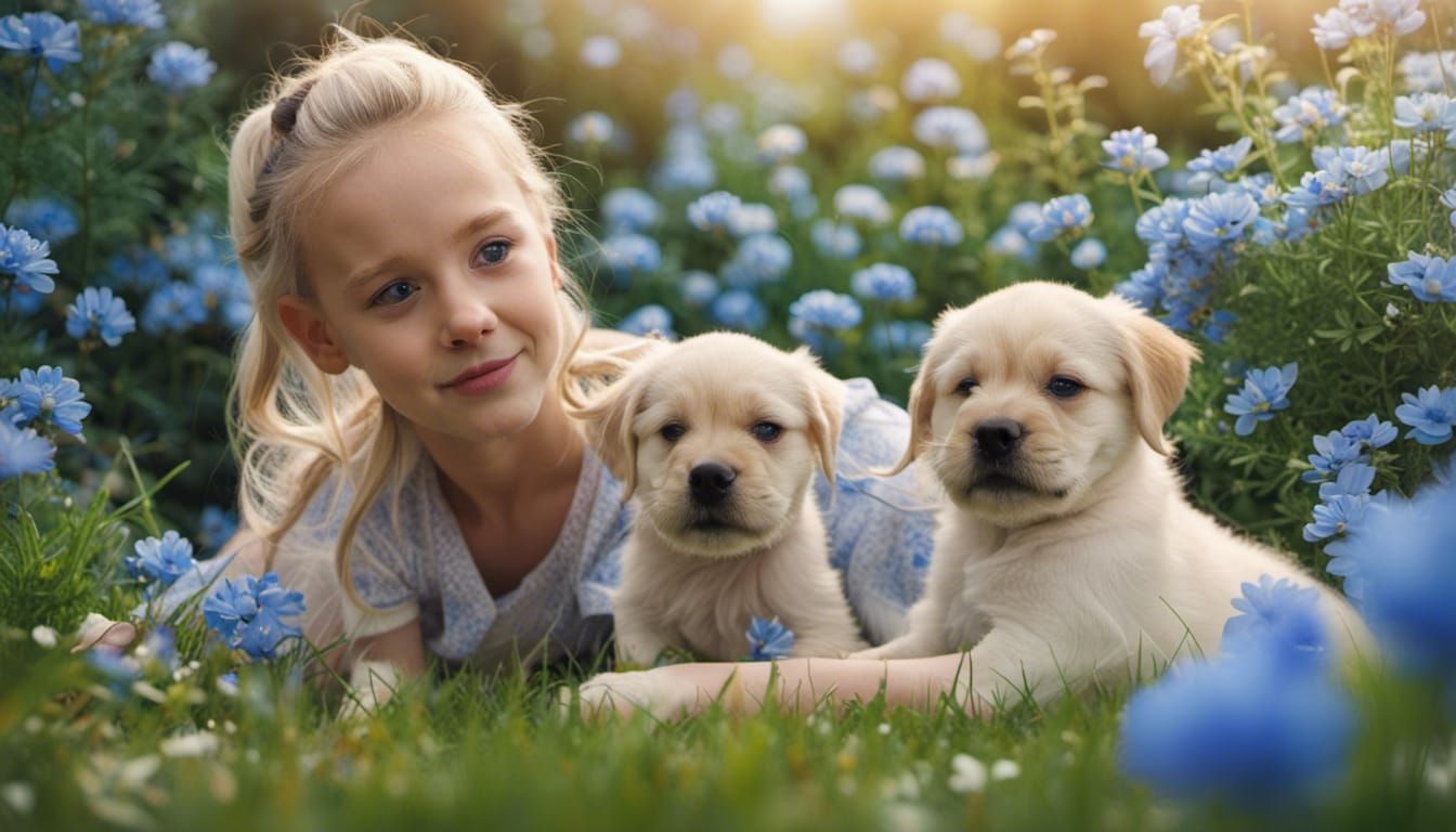 Puppies Playing with Girl in Garden, Gouache Style