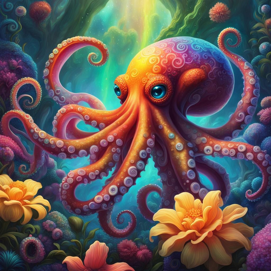Rainbow Rococo Octopus in Fantasy Flower Garden