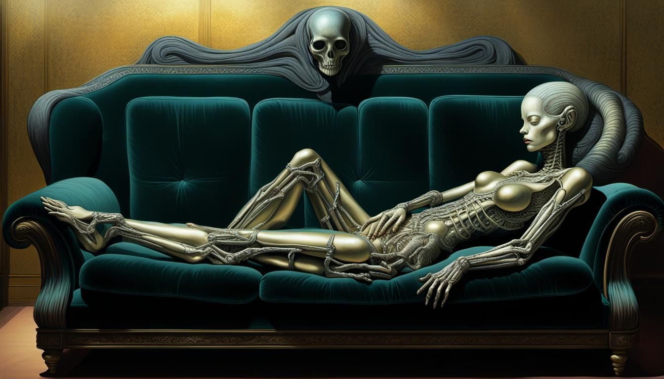 Daydreaming Woman on Sofa in Dark Surreal Style