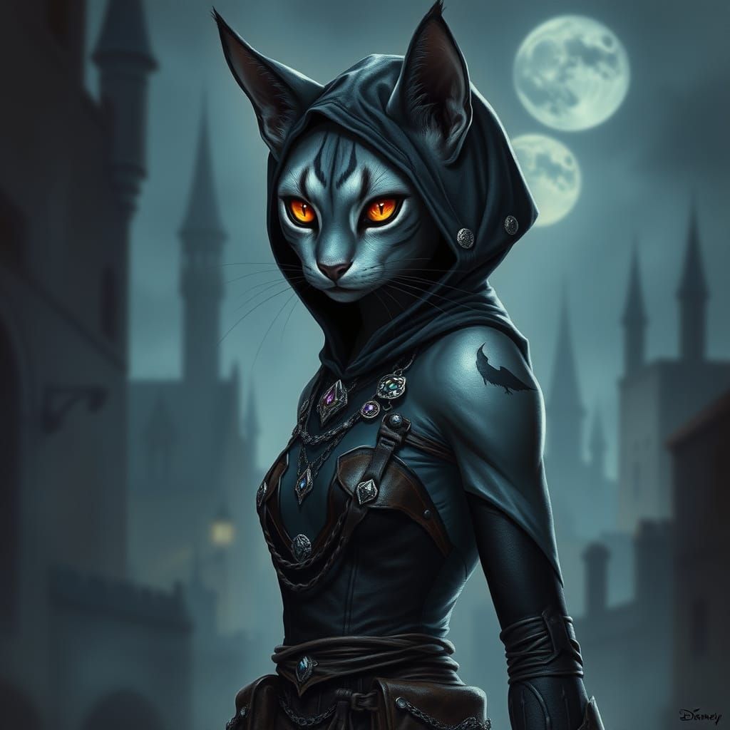 Mysterious Serval Cat Khajiit in Moonlit Medieval City
