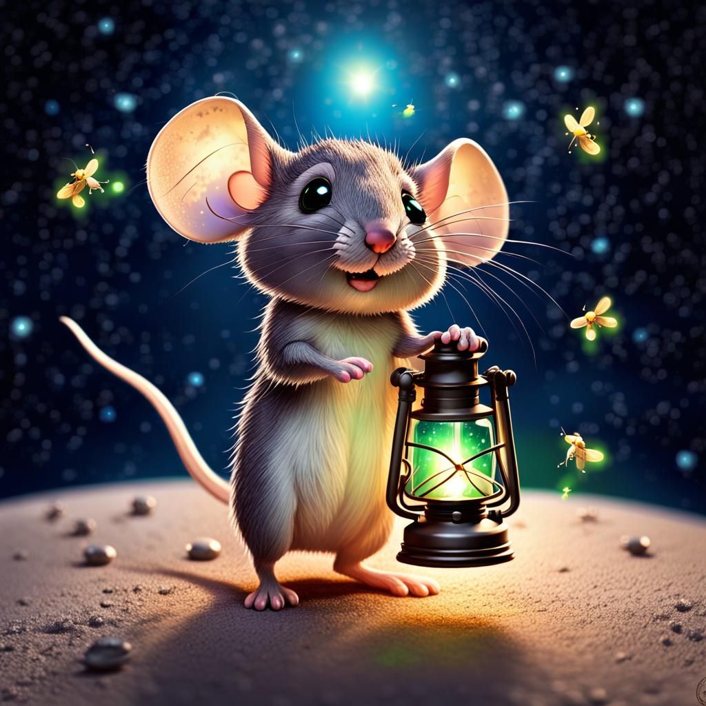 Chibi Mouse with Lantern on Moon, Macro Photograph
