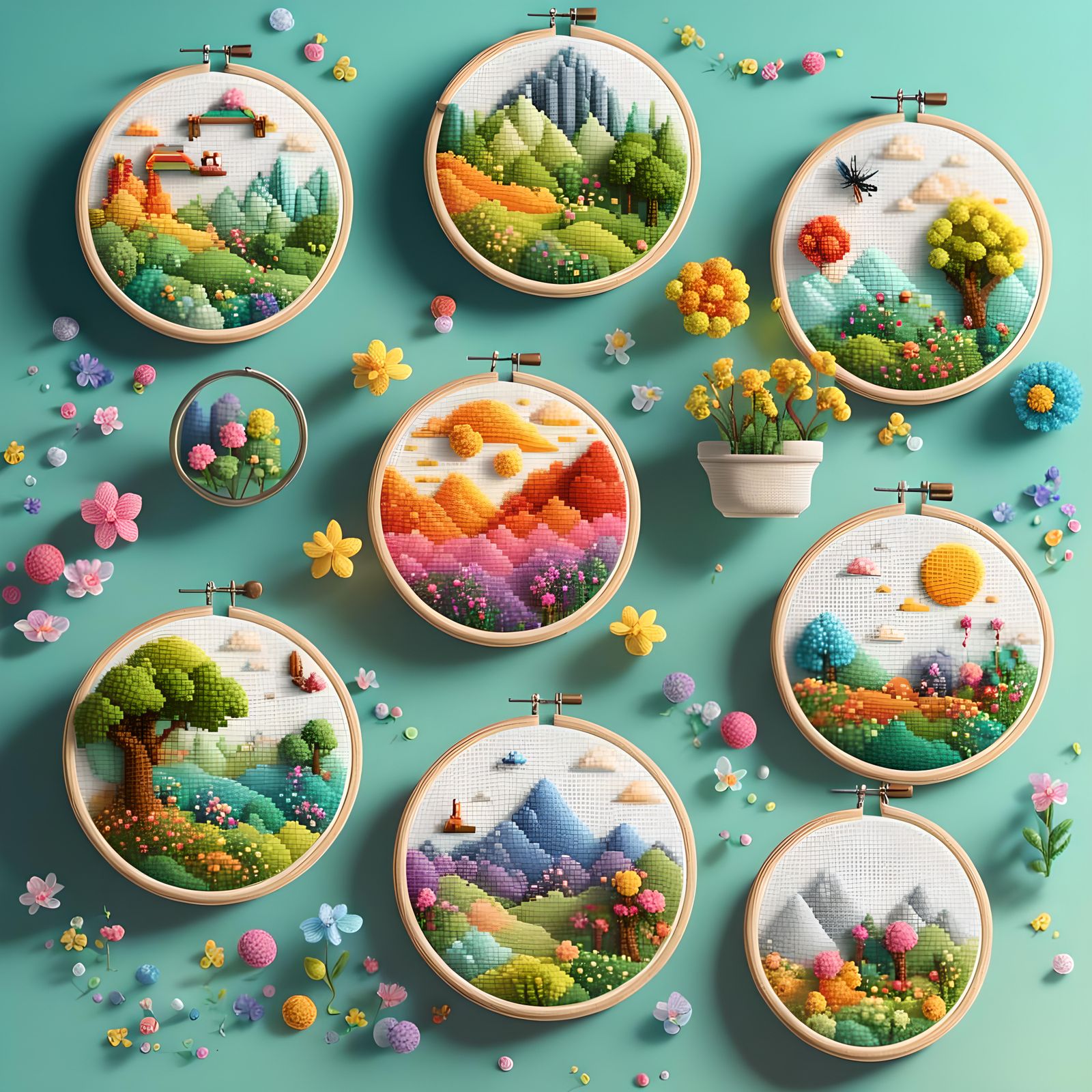 Mini Springtime Cross Stitch in 3D Digital Art