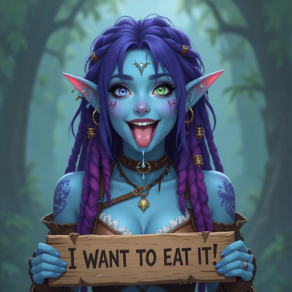 Blue Elf with Purple Dreadlocks and Drooling Eyes
