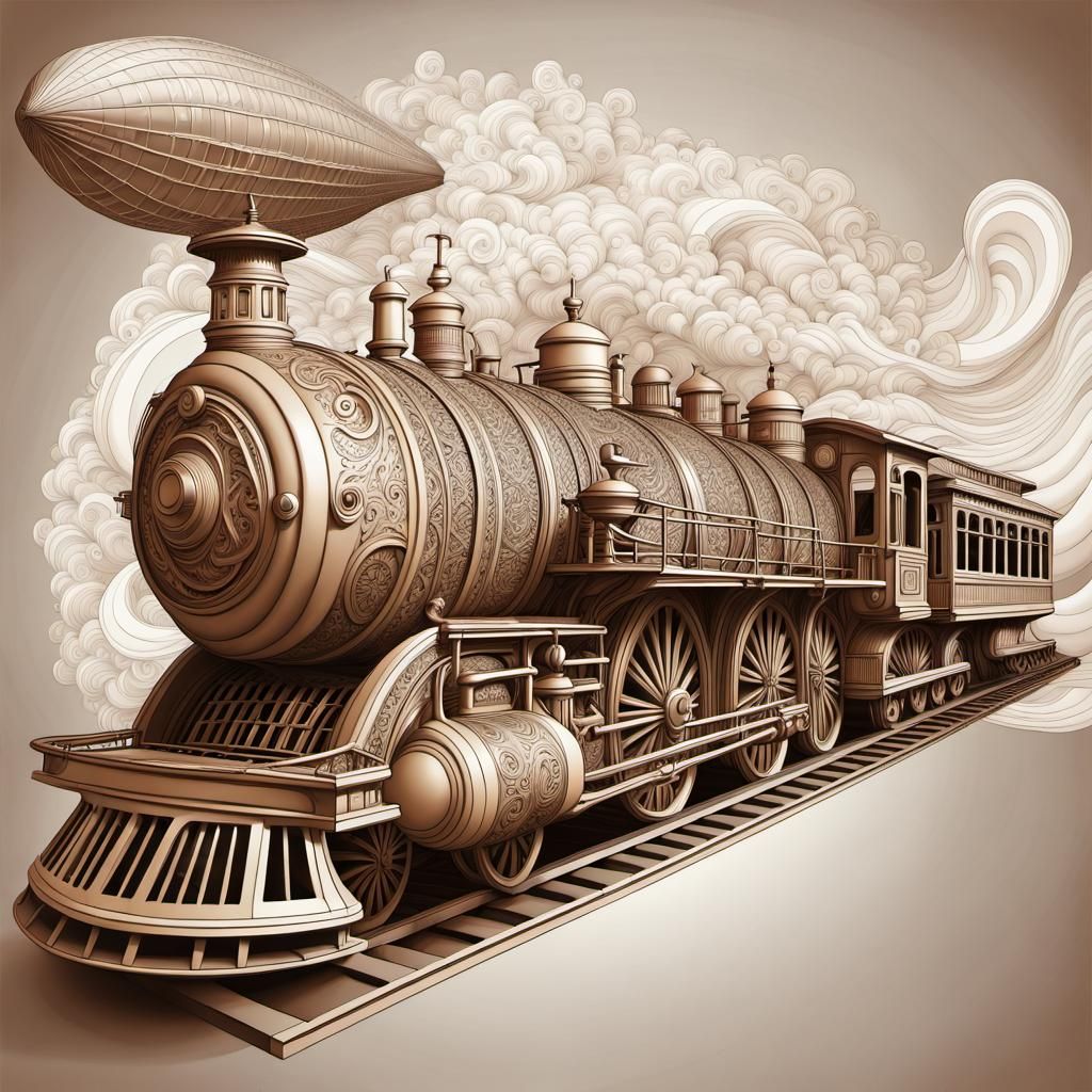 Old West Scene with Train, Airship, and Sun