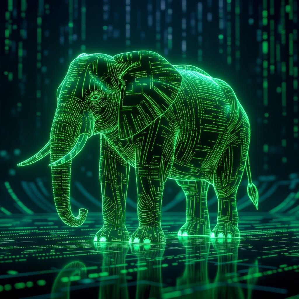 Elephant Made of Glowing Code in Futuristic Landscape