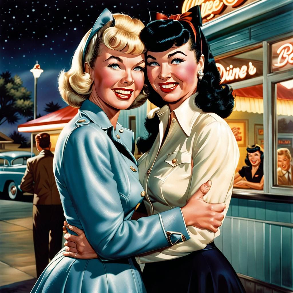 Doris Day and Bettie Page: Comic Book Diner Hug
