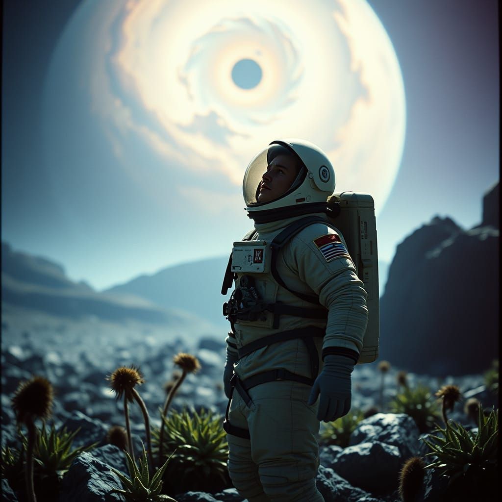Astronaut on Alien Planet Gazing at Nebula in Film Style