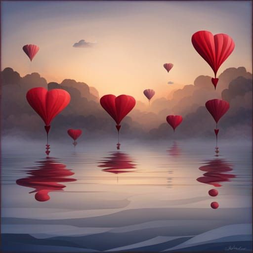 Art Deco Hearts Floating in Misty Sky