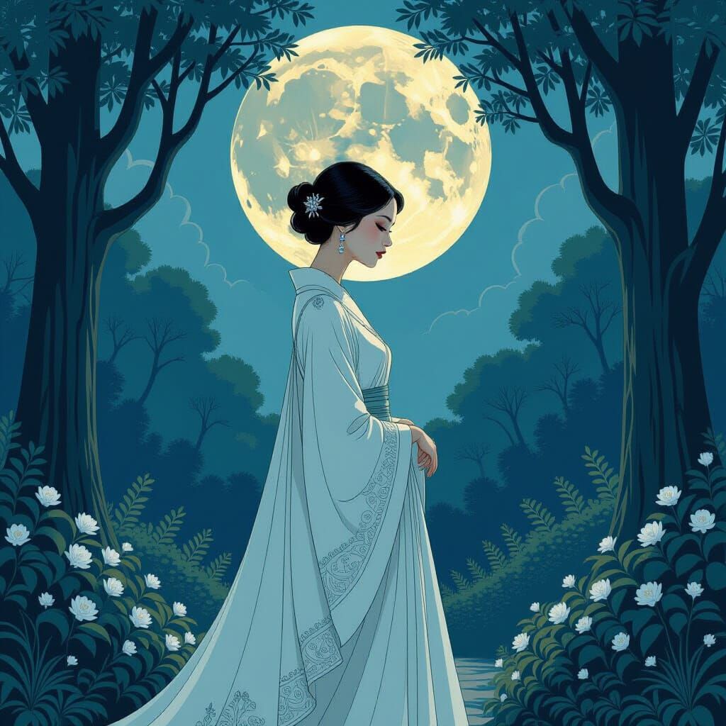 Contemplative Woman in Moonlit Garden
