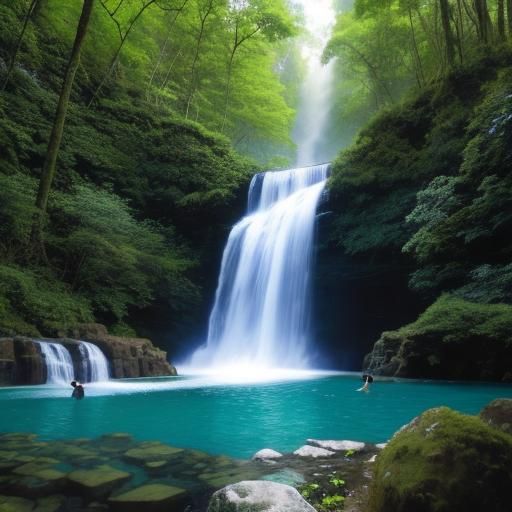 Waterfall Scene with Tourists Swimming