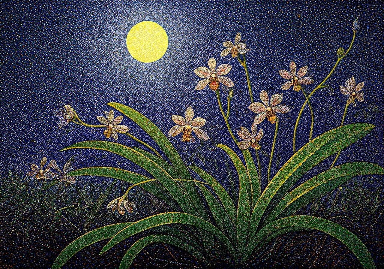 Orchids Sparkling in Moonlight, Pointillism Style