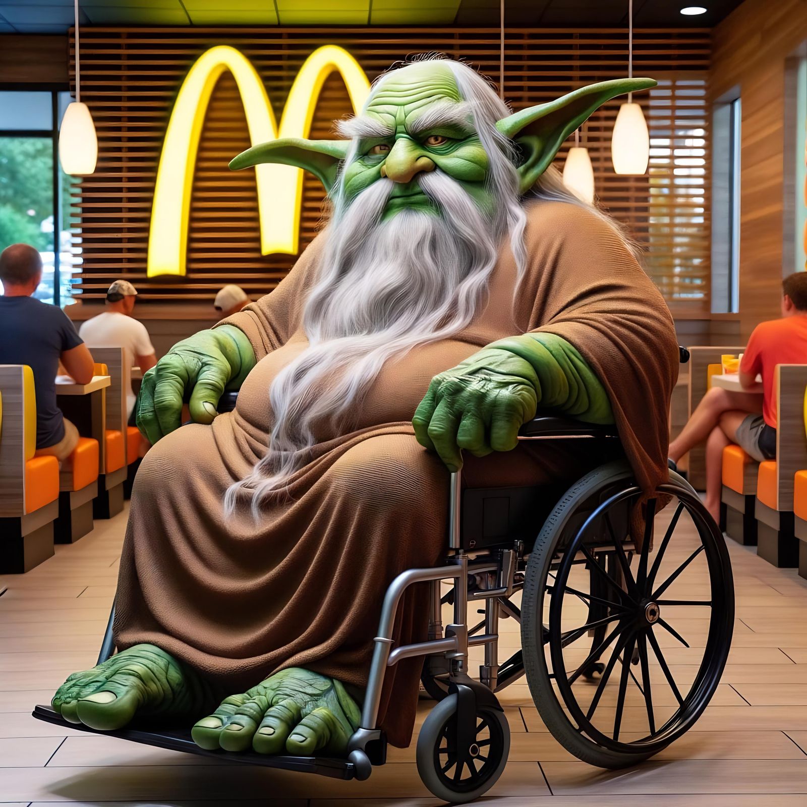 Sage-like Character Navigating Fast Food Restaurant