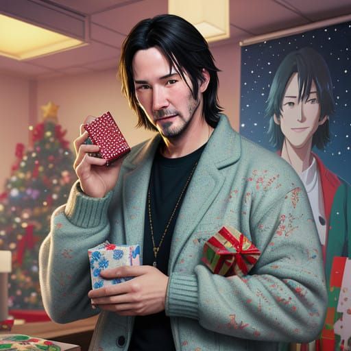 Keanu Reeves Smiles Brightly as He Opens Christmas Presents