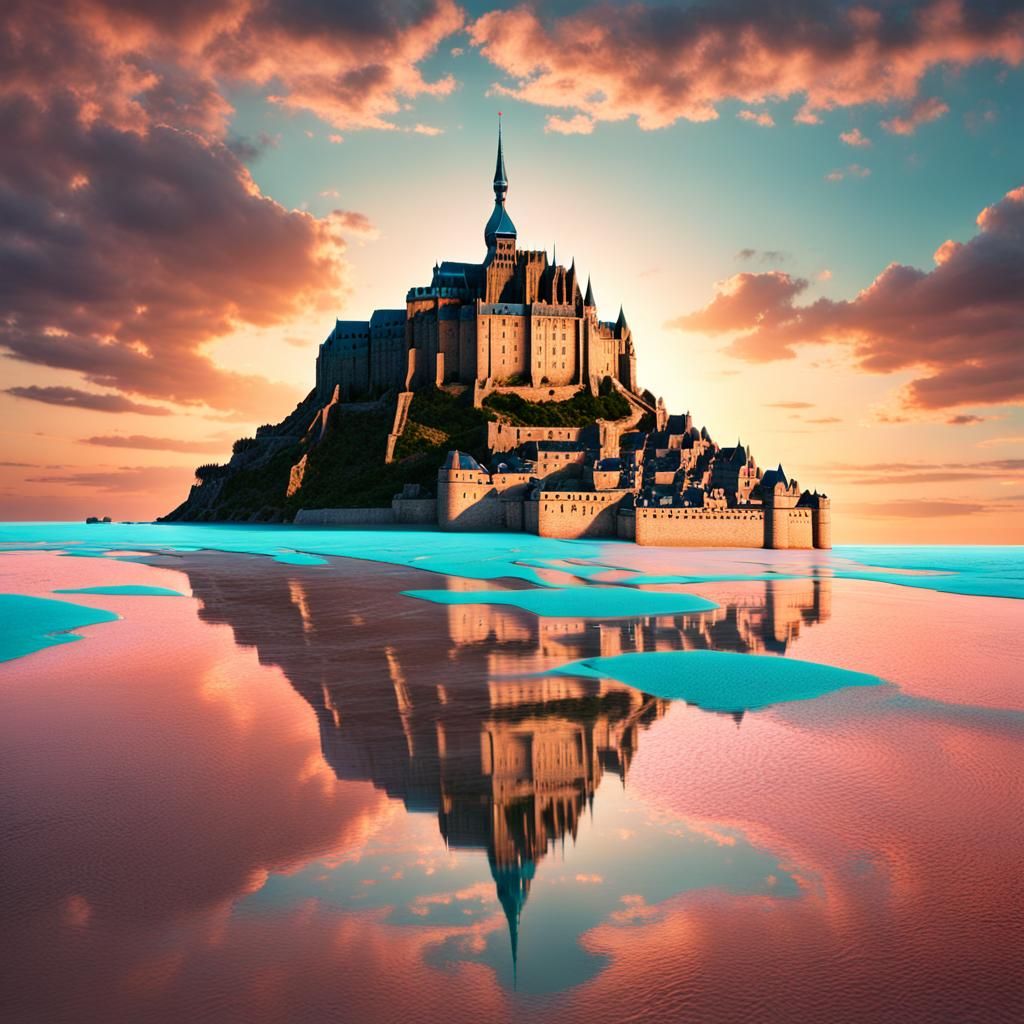 Mont Saint Michel Sandcastle at Sunset, Digital Painting