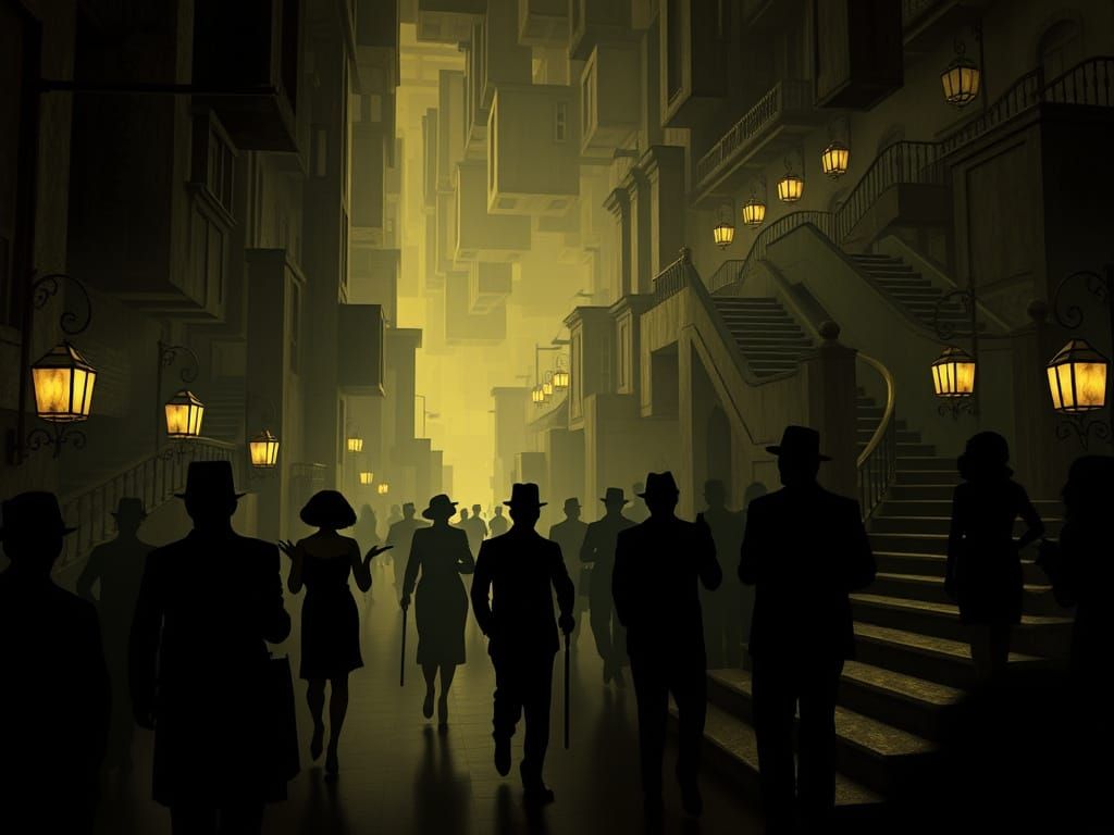 Film Noir Speakeasy in Impossible Cityscape