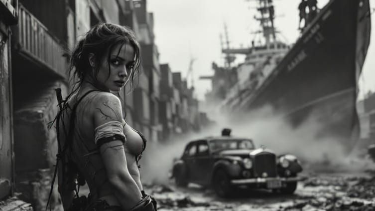 Woman Fights Scavengers Behind Barricade in Moody B&W