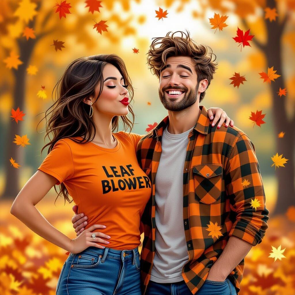 Woman in "LEAF BLOWER" Tee in Autumn Whirlwind