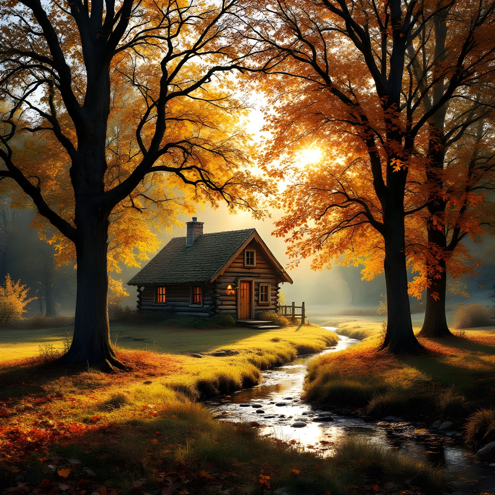Rustic Cabin in Autumn Meadow with Sunlight