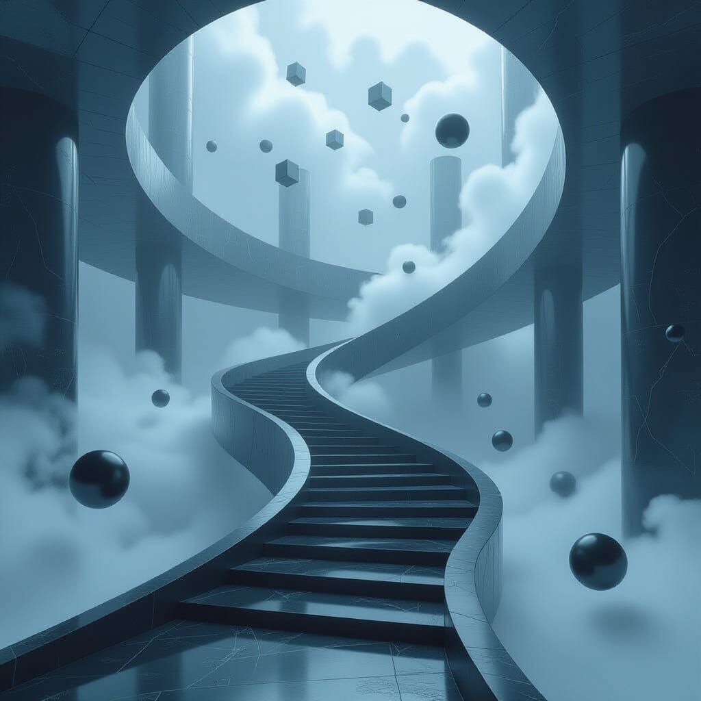 Ethereal Void: Marble Pathways in Swirling Mist