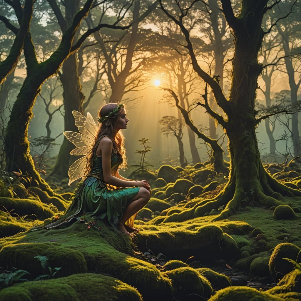 Fairy Silhouette at Sunset on Mossy Ground