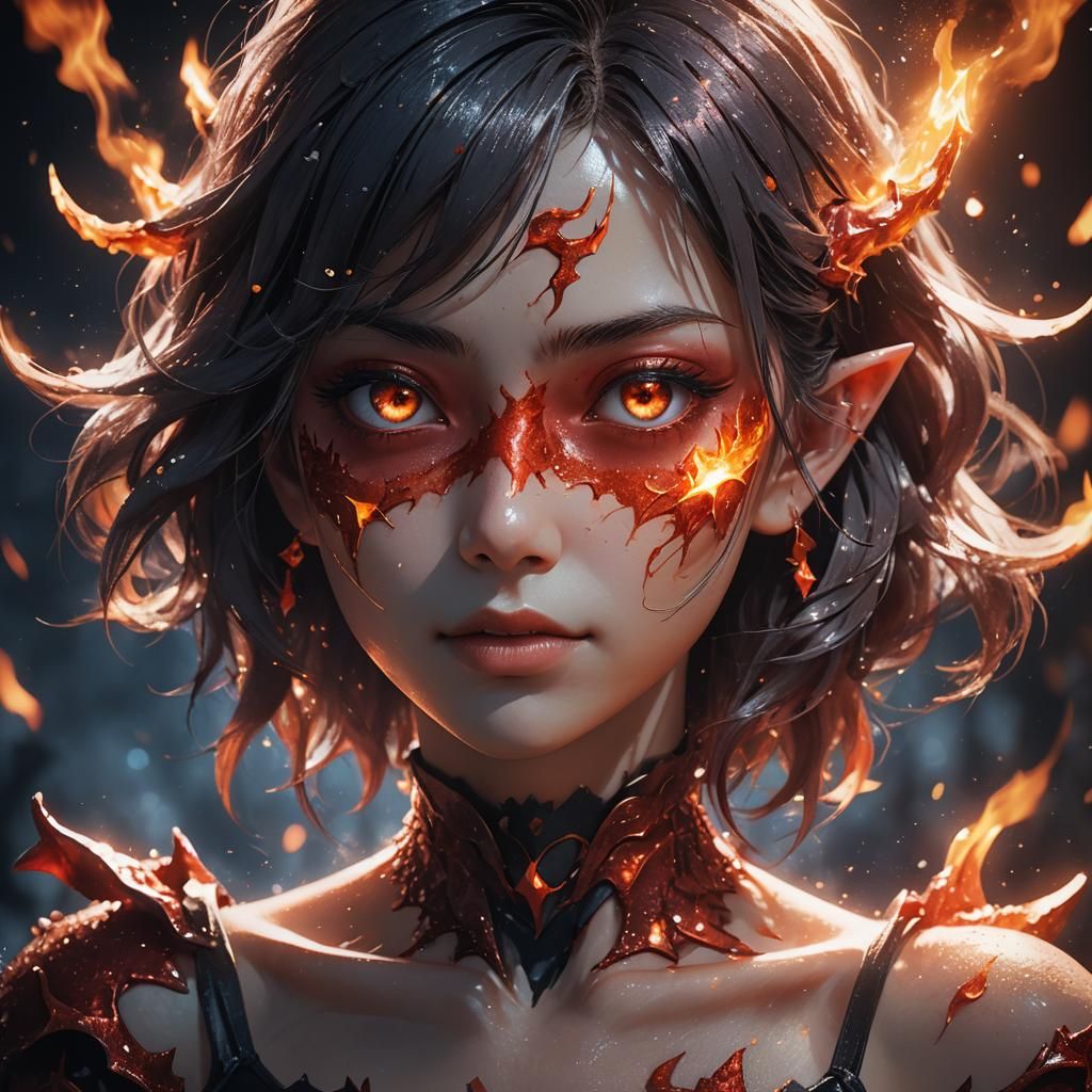 Anime Woman with Devil in Surreal 3D Portrait