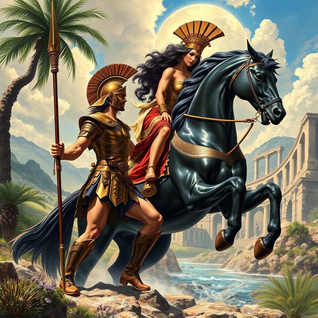Achilles Confronts the Amazon Queen: A Digital Illustration