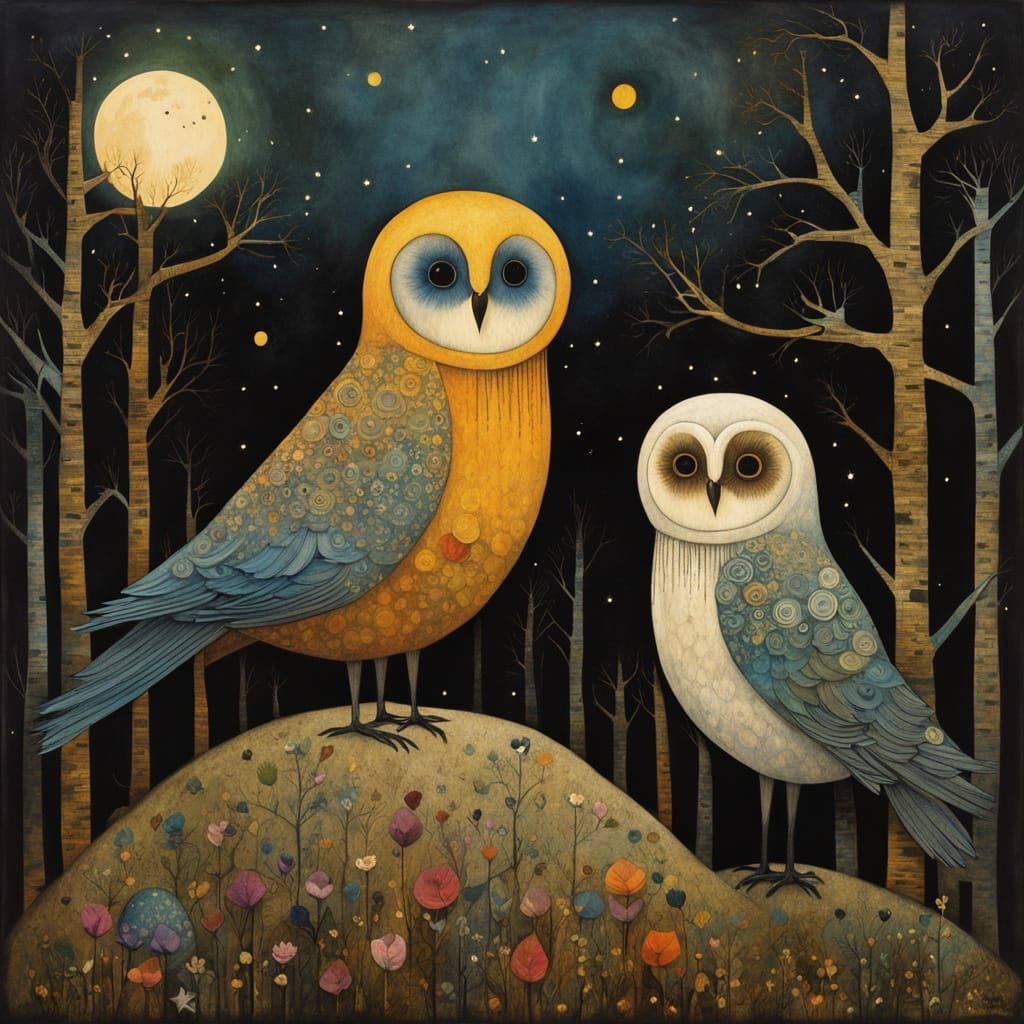 Ethereal Bird Couple in Whimsical Pop Art Style