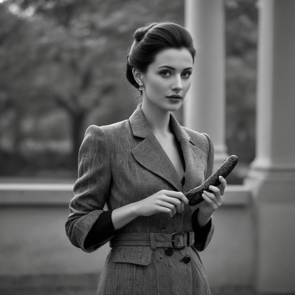 Elegant Woman with Sausage in Black and White Photography