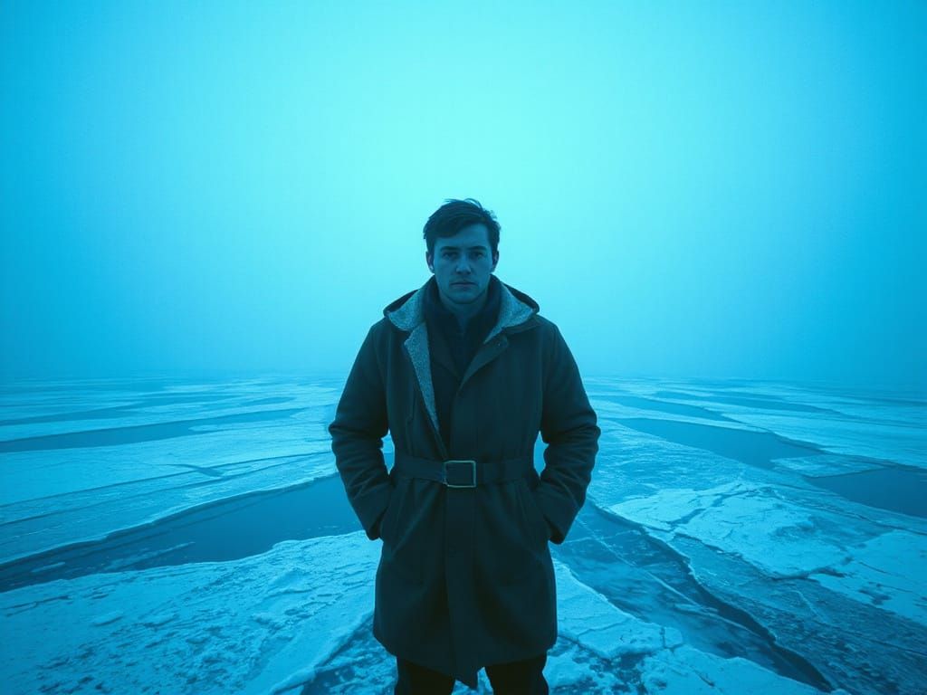 Frozen Figure in Icy Blue Landscape