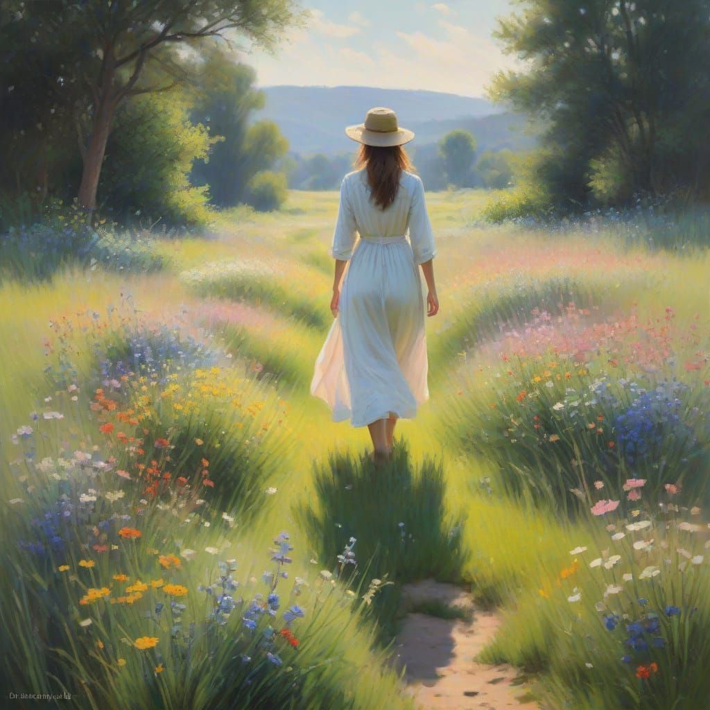 Woman in a Whimsical Wildflower Meadow