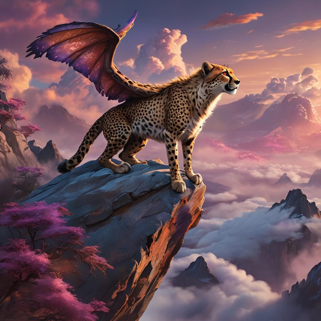 Winged Cheetah Above Clouds in Sketchbook Style