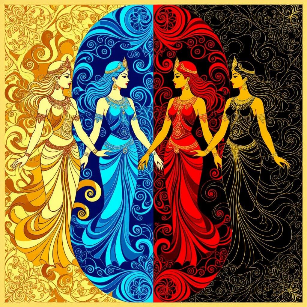 Four Goddesses Of The Elements In Abstract Vector Fractal St...