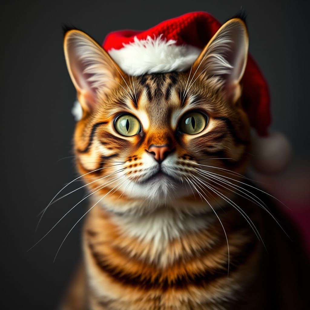 Santa Hat Cat Portrait in Professional Studio Lighting