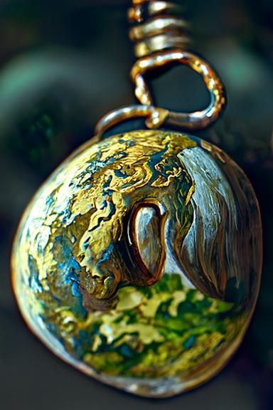 Brass World Pendant: Hyperrealistic Cel-Shaded Art