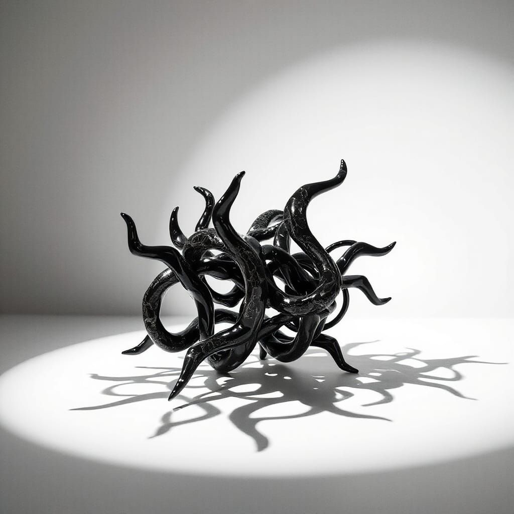 Abstract Chrome and Obsidian Sculpture with Dramatic Lightin...
