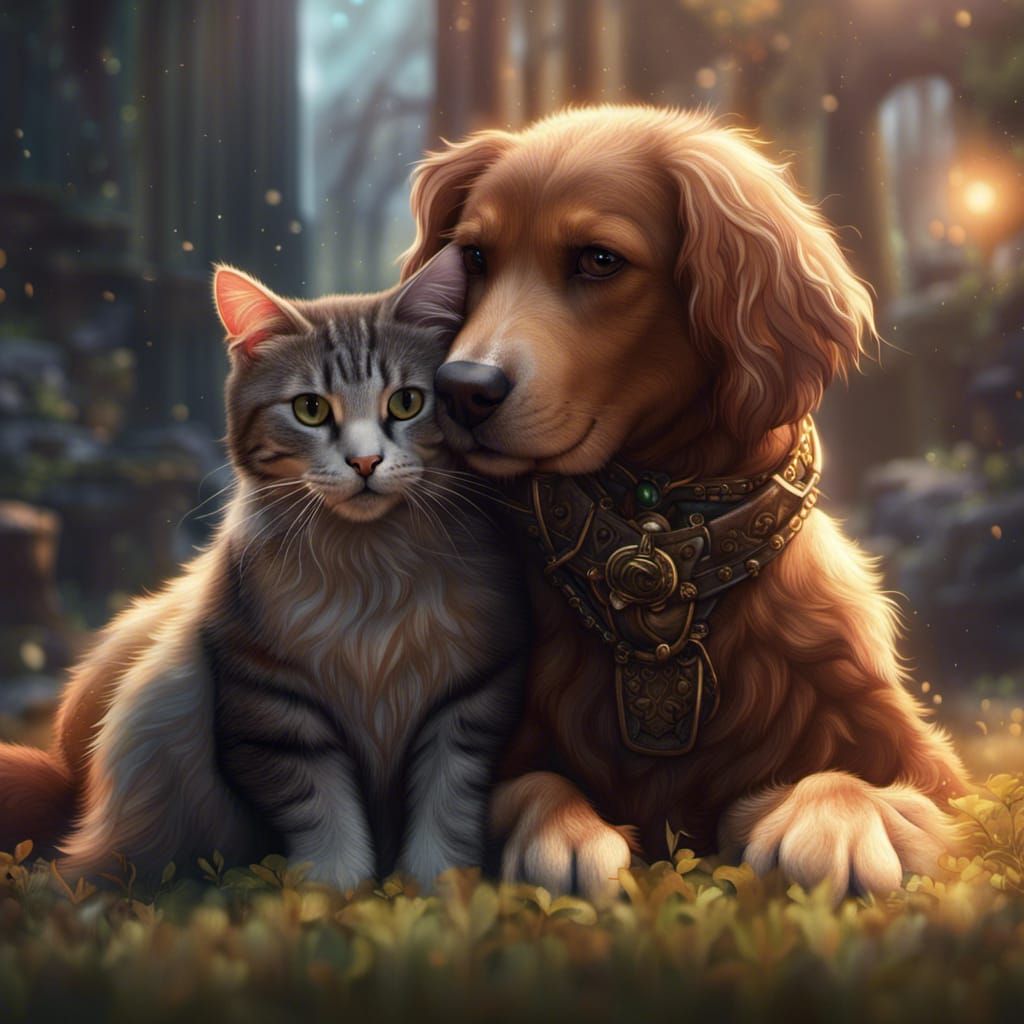 Dog and Cat Hug: Fantasy Concept Art