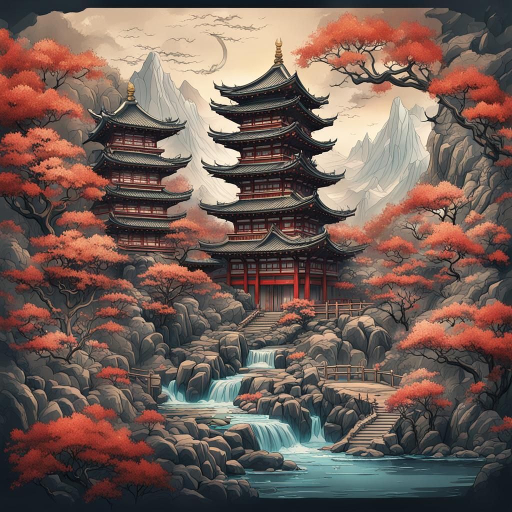 Japanese Tattoo Sketch: Detailed Matte Painting