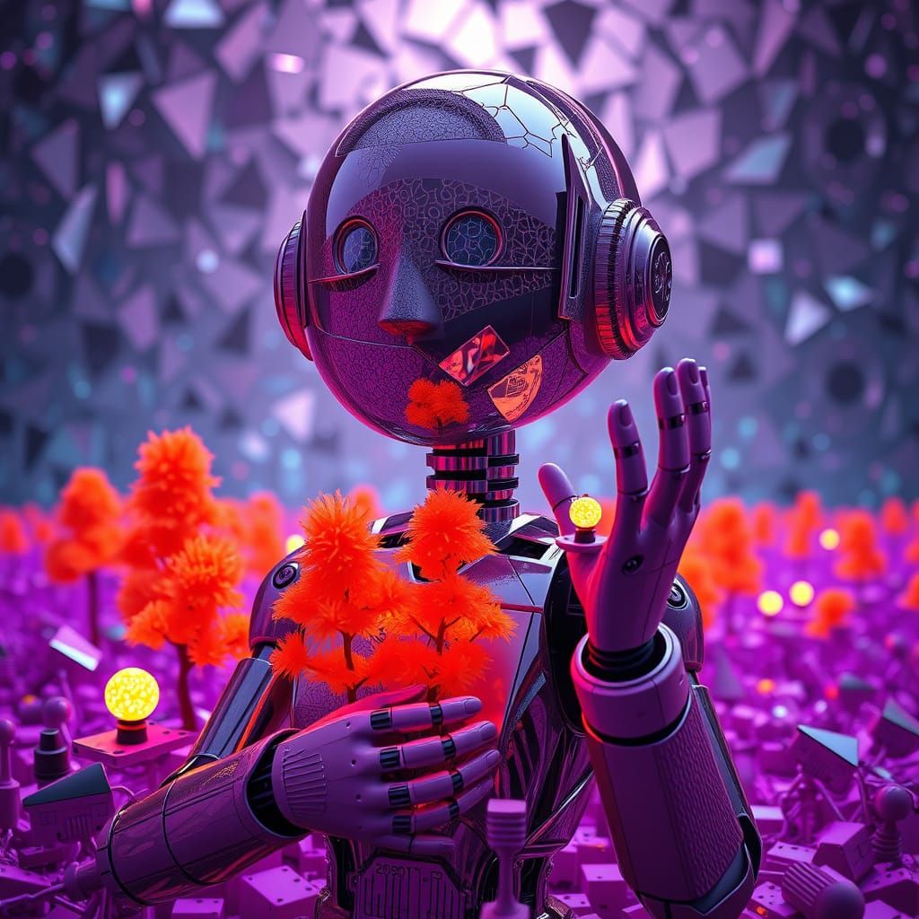Surreal Robot Landscape in Vibrant Orange and Purple