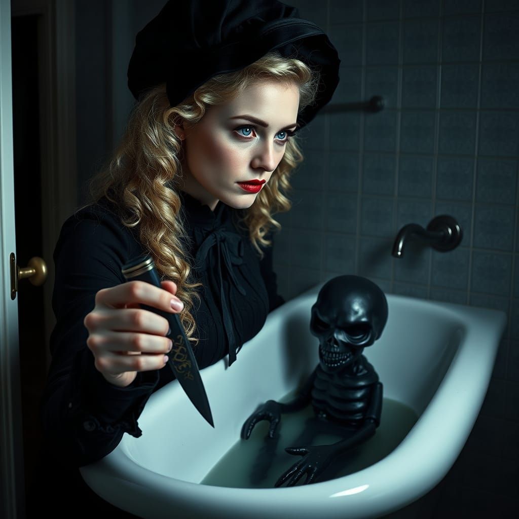 Gothic Woman Confronts Dark Puppet in Bathroom Scene