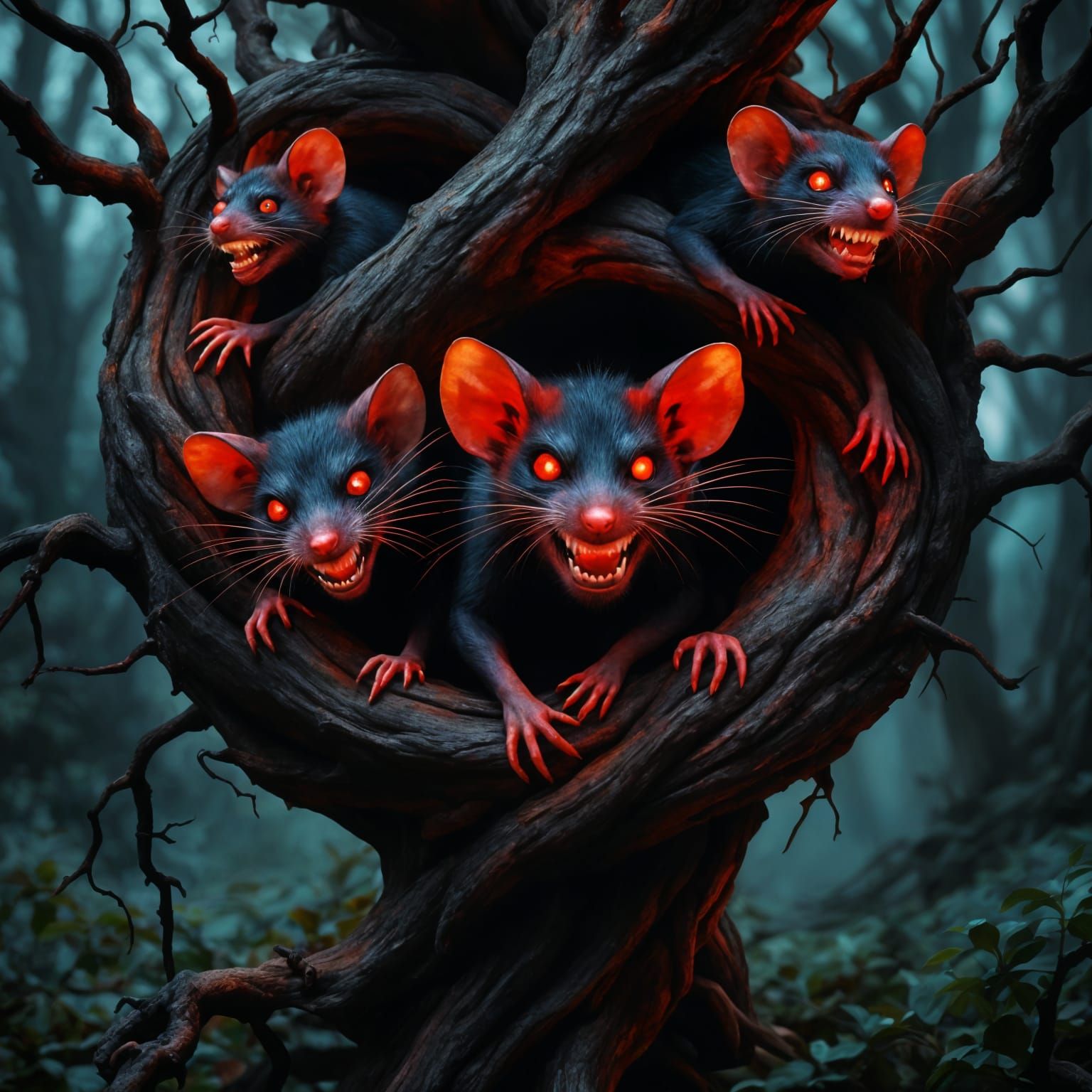 Sinister Dormice in Dark Forest: A Horror Scene