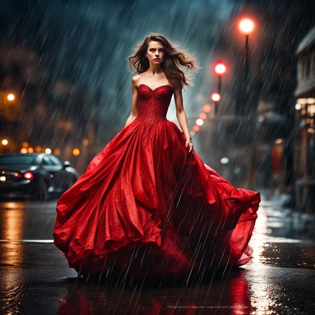Woman in Red Gown Walks in Rain