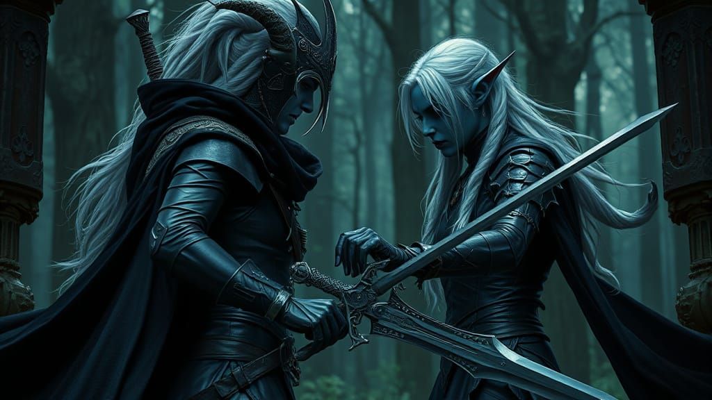 Dark Fantasy Warriors Clash in Ancient Forest, Drow vs Elf, ...